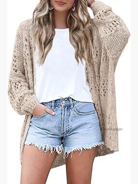Lightweight Crochet Cardigan Long Sleeve Open Front Oversized Sweater